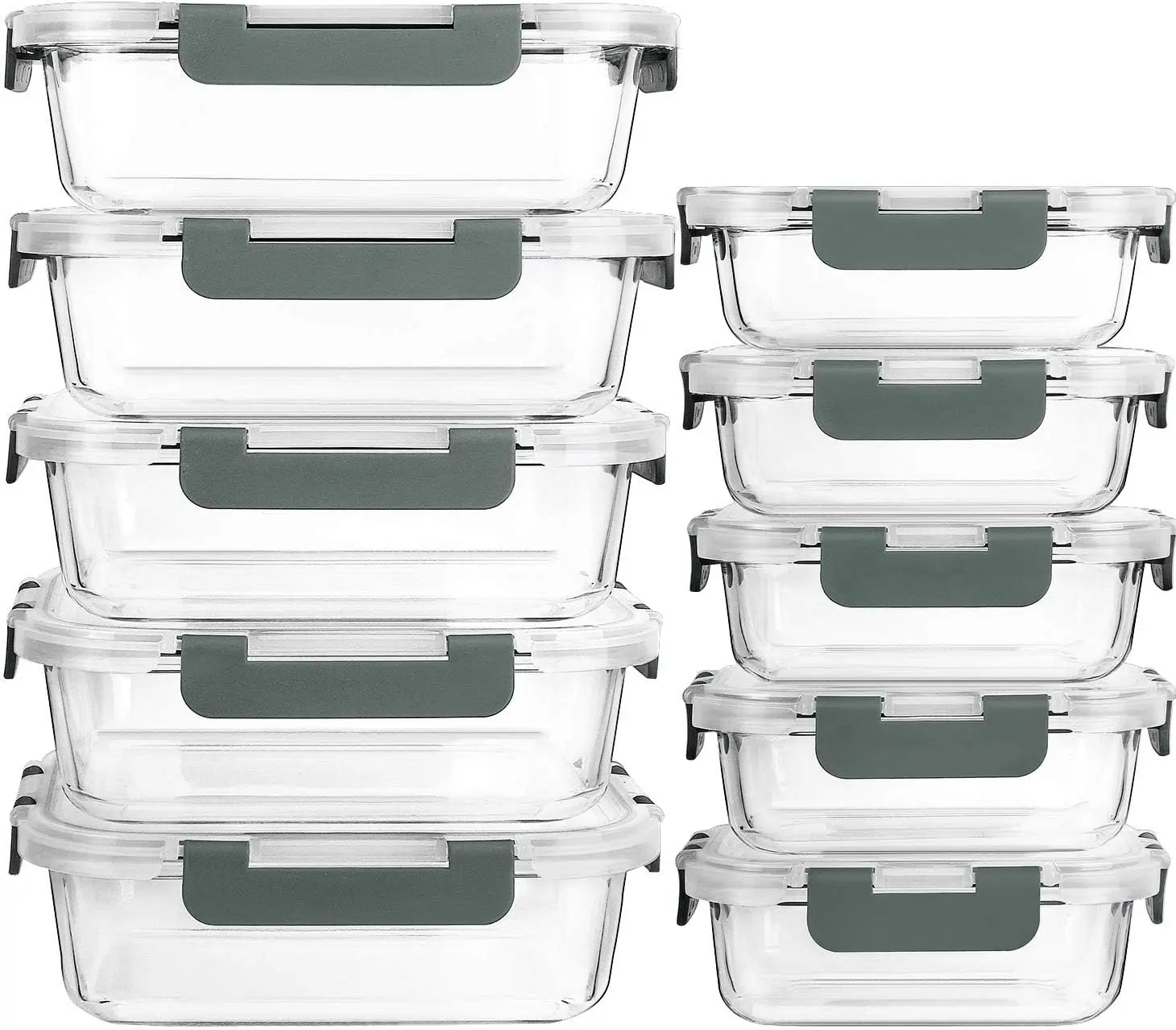 10 Pack Glass Food Storage Containers with Lids, Gray | Glass Meal Prep Containers,Airtight Lunch Containers with Lids, Microwave, Oven, Freezer and Dishwasher Friendly, BPA Free