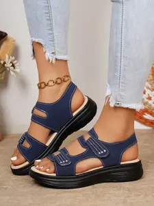 New Thick Sole Women's Sporty Wedge Lightweight Velcro Large Size Roman Sandals, Comfortable Summer Shoes for Daily Wear