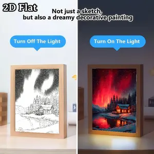 Red Aurora LED Light Painting – USB-Powered, Adjustable Desk Lamp + Polished Wood Frame! Space-Themed Decor for Bedroom/Living Room/Office, Unique Birthday Gift, Bedroom Night Light & Modern Decor, LED Lights for Bedroom.