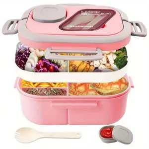 1 Adult Bento Box, Salad Container, Large 40.5 Oz. Salad Bowl, Bento-Style Tray For Toppings, 3 Oz. Sauce Container For Dressing, With Reusable Fork And Knife Lid Set