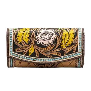 Myra Bag Ladies Boho Blues Embossed Tan Leather Wallet S-5826