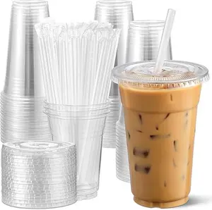 100 Pack, 16 Oz Plastic Cups With Lids and Straws, Iced Coffee Cups With Lids Disposable Clear Cups With Lids - for Iced Coffee, Smoothie, Milkshake and Cold Drinks