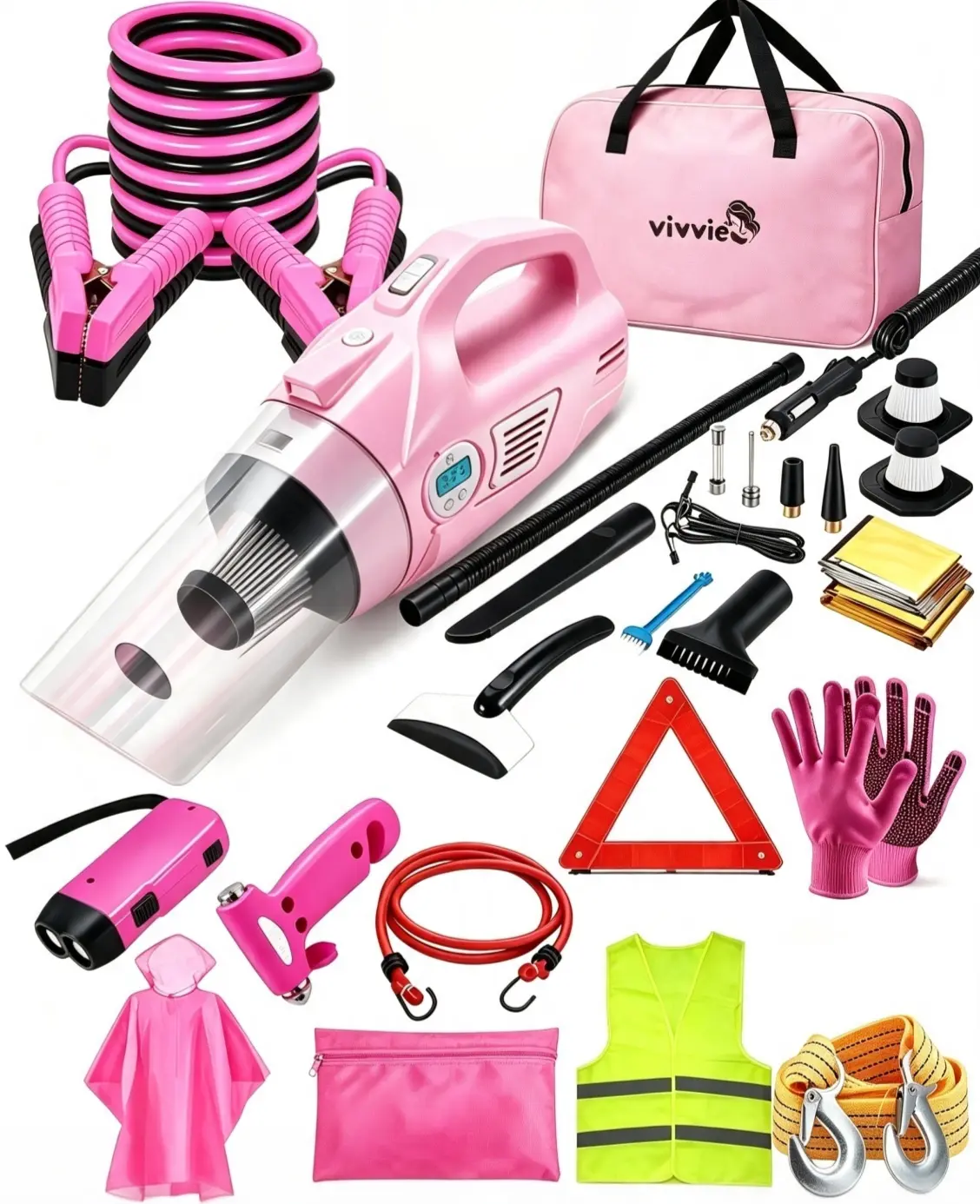【TikTokShop Back To School】Women Pink Car Emergency Roadside Kit | 4-in-1 Inflatable Car Vacuum, 8AWG Jumper Cables, Tow Rope, Safety Hammer, Reflective Vest, Storage Bag & Work Gloves, Car Trip Essentials, Perfect Christmas & Holiday Gift Set