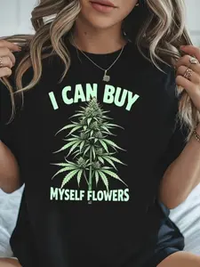 Women'S I CAN BUY MYSELF FLOWERS Graphic T-Shirt | Black with Green Leaf Print, Casual Short Sleeve Crew Neck, Soft, Spring Summer Fashion Top, Perfect for Daily Wear & Festive