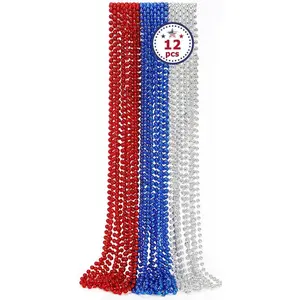 NEW 4th of July Party Favors, 12PCS Veterans Day Necklaces Bulk, Fourth of July Red Blue Silver Beads Necklace, Veterans Day Patriotic Beads Bulk for Parade Party Celebration Favors Decorations