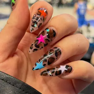 24pcs Long Almond Shape Leopard Print Star Nail Art, Party & Holiday Trend, Easy Apply False Nails, Perfect for Parties and Festivals, DIY Nail Art