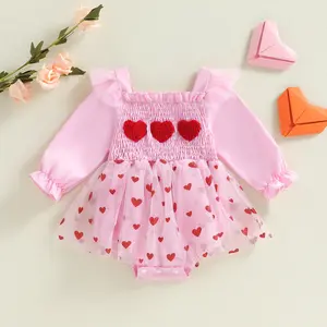 Infant Baby Girls Valentine's Day Romper Dress Long Sleeve Heart Tulle Patchwork Bodysuit Clothes Summer Spring 0-18 Months