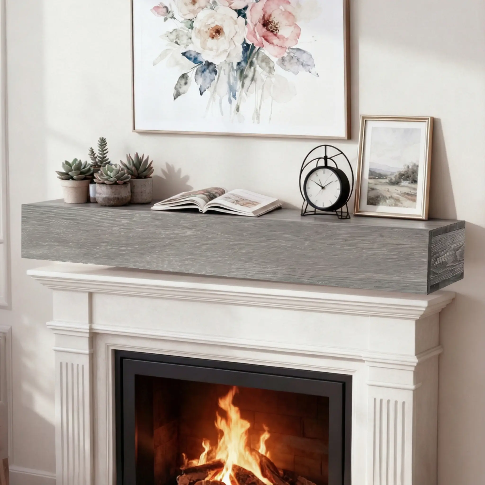 60 in Rustic Solid Cedar Wood Fireplace Mantel Shelf, Wall-Mounted Hollow Metal Shelf with Brushed Finish Modern Design, 50 lbs Weight Capacity for Home Decor, Display Items, Shelves