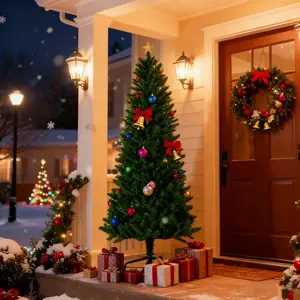 5FT/6FT/7FT Slim Classic Pencil Christmas Tree Lifelike Dense Branches for Elegant Christmas Décor Cloud with Festive Ornaments and Warm Lighting