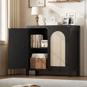 Sideboard Buffet Cabinet  Accent Cabinet with Shelves and Strong Wood Legs  Farmhouse Storage Cabinet with Rattan Doors  Small Console Cabinet for Bedroom  Living Room  Entryway  Black