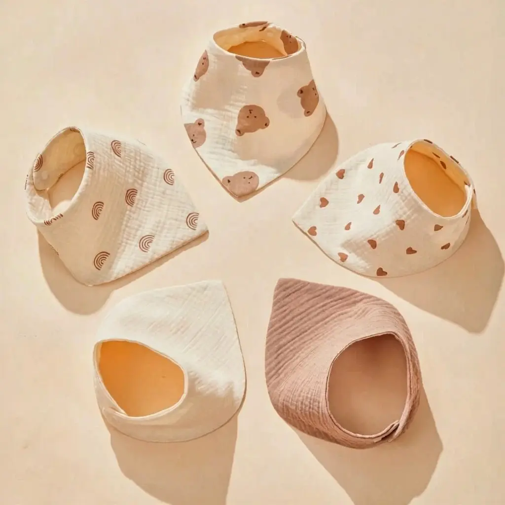 Bear Heart Series Soft Triangle Washable Bib Set, Cartoon Simple Design, Versatile Baby Bandana Bibs, Feeding Accessories, Burping Cloths For Babies, 5-Piece Family Replacement Pack