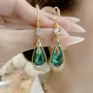 Elegant and stylish teardrop-shaped hollowed-out stud earrings for women, green earrings -HN321-16