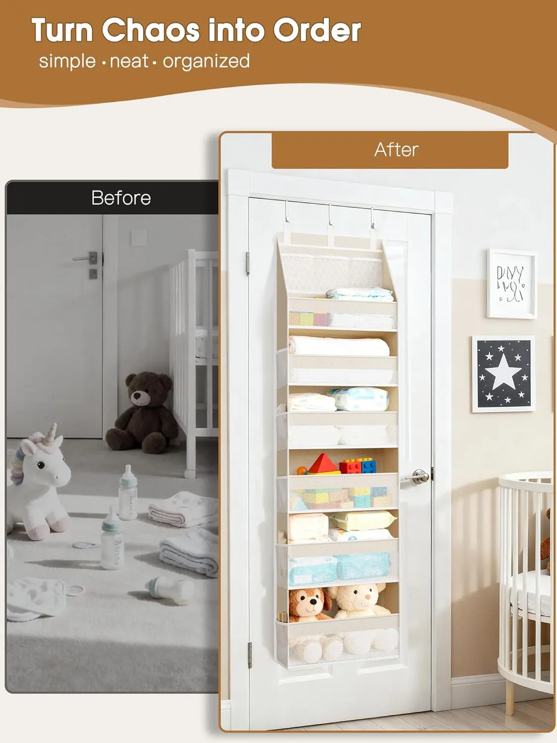 Black 6-Tier Hanging Door Storage Organizer - Hangable with 13 Mesh Pockets, Beige, 55 Lbs Capacity, for Socks & Beauty Products in Nursery, Bathroom