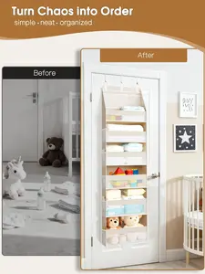 Black 6-Tier Hanging Door Storage Organizer - Hangable with 13 Mesh Pockets, Beige, 55 Lbs Capacity, for Socks & Beauty Products in Nursery, Bathroom
