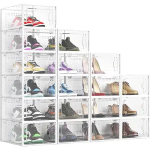 Shoe Boxes Clear Plastic Stackable, 18 Pack Premium Shoe Organizer Storage for Closet Space Saving Foldable Shoe Rack Containers, Sneaker Display Case Holder Shoe Bin for Entryway Drawers