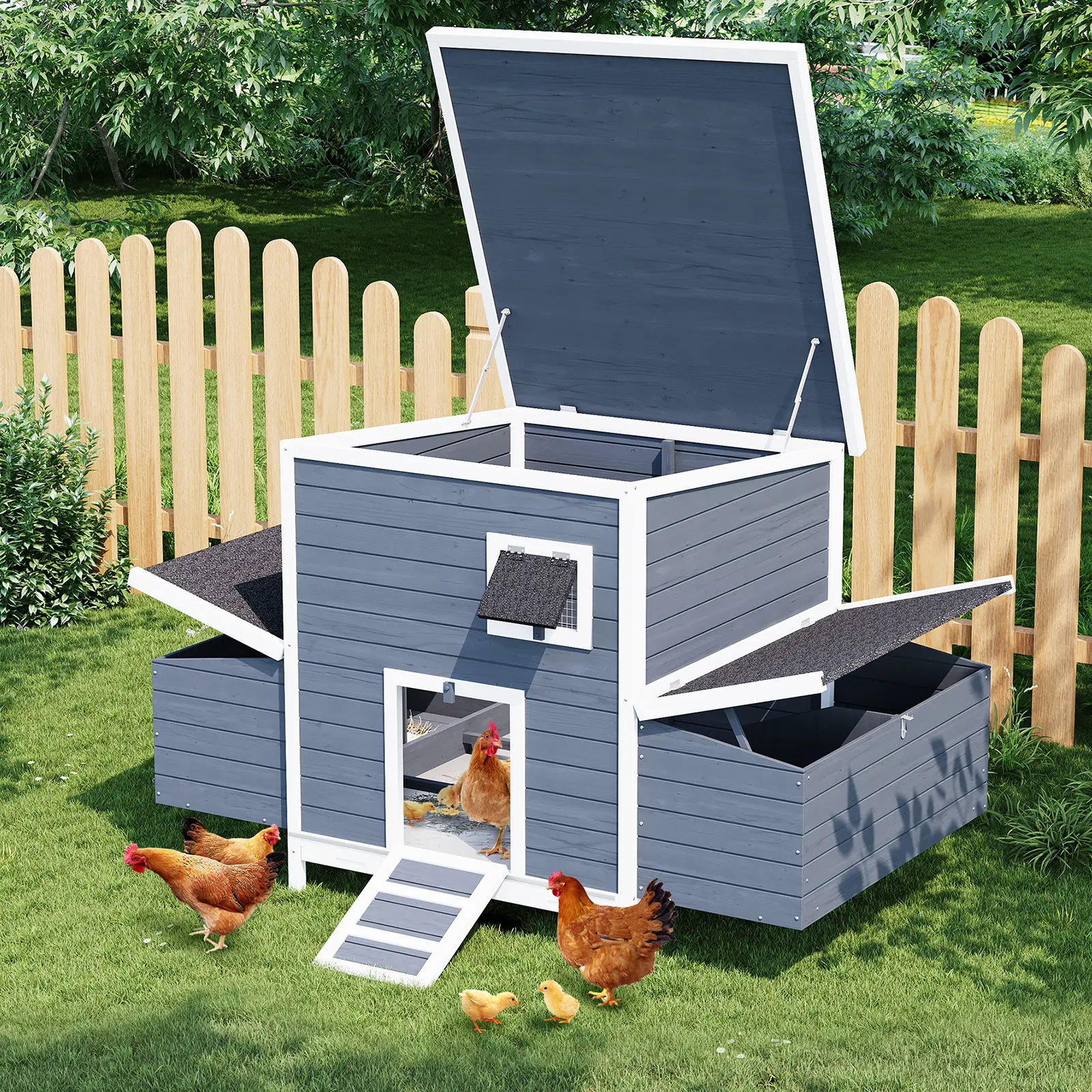62" Large Fir Wood Chicken Coop Enclosure - Outdoor Poultry Hutch with 2 Nesting Boxes, Lockable Doors, Weatherproof Asphalt Roof, Pull-Out Tray for Garden Backyard, Secure Cage for Chickens Rabbits