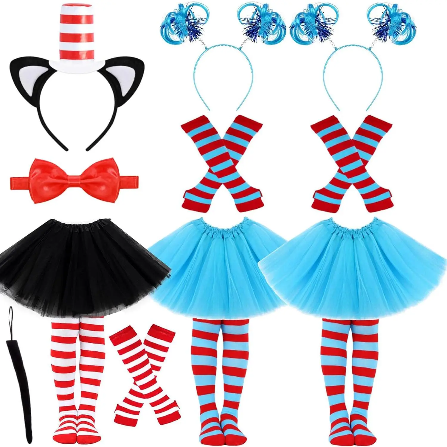 Tulle Tutu Costume Set Red Blue Tulle Tutu Skirt Striped High Socks Sleeves Feathers Headband Red and White Hat Headwear Bowtie Gloves Socks and Tutu Skirt for Cosplay
