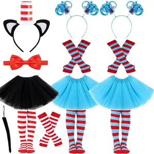 Tulle Tutu Costume Set Red Blue Tulle Tutu Skirt Striped High Socks Sleeves Feathers Headband Red and White Hat Headwear Bowtie Gloves Socks and Tutu Skirt for Cosplay