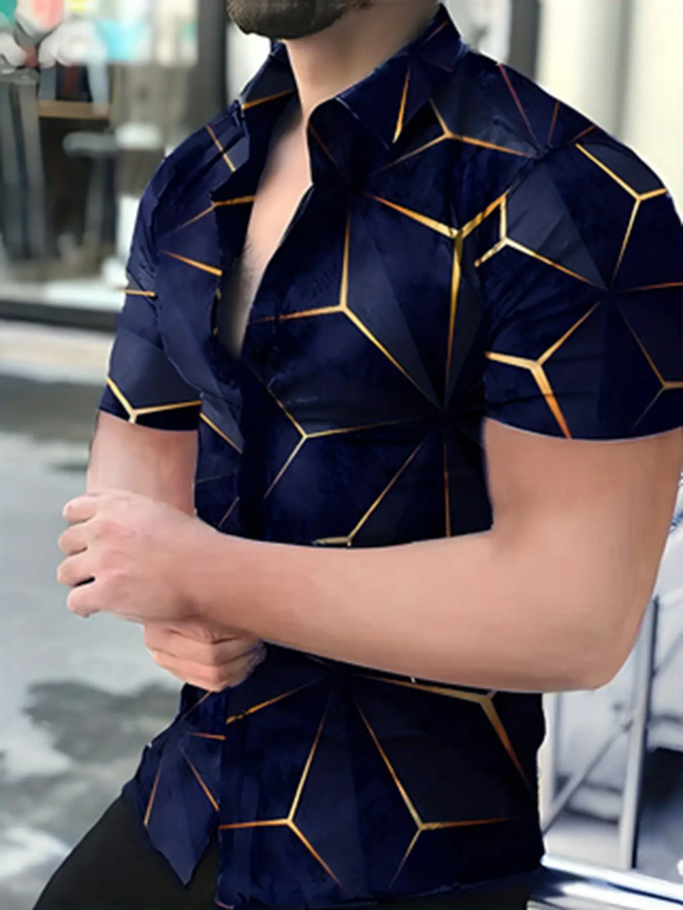 Elegant Short Sleeve Shirt with Geometric Print, Stylish Streetwear for All Seasons, Fitted Casual Top for Men