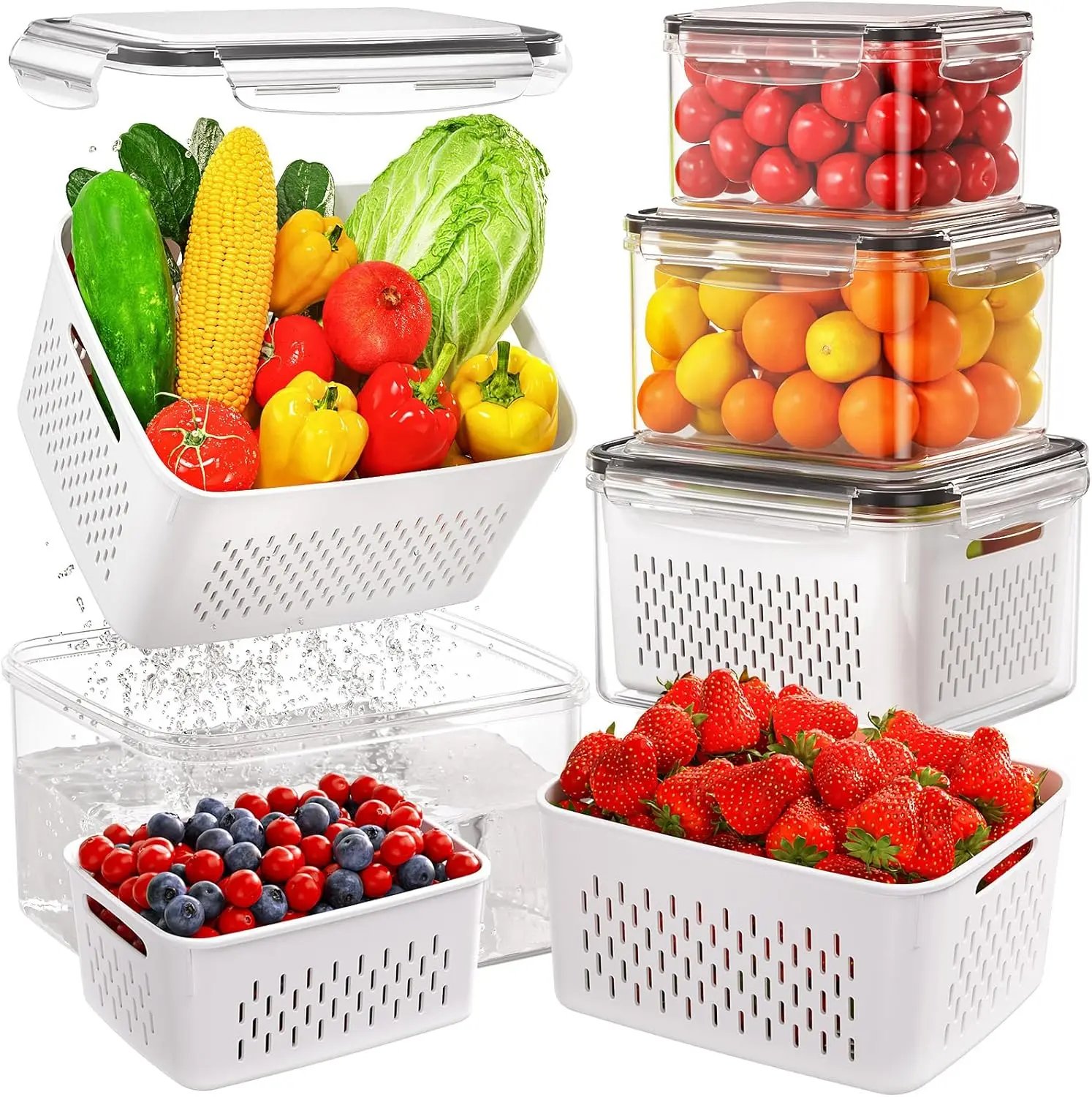 Stackable Plastic Produce Saver Boxes - Lidded Design Fridge Organization Bins with Removable Strainer Basket for Veggies, Fruits, Raw Meat - Camp Kitchen Refrigerator Solution