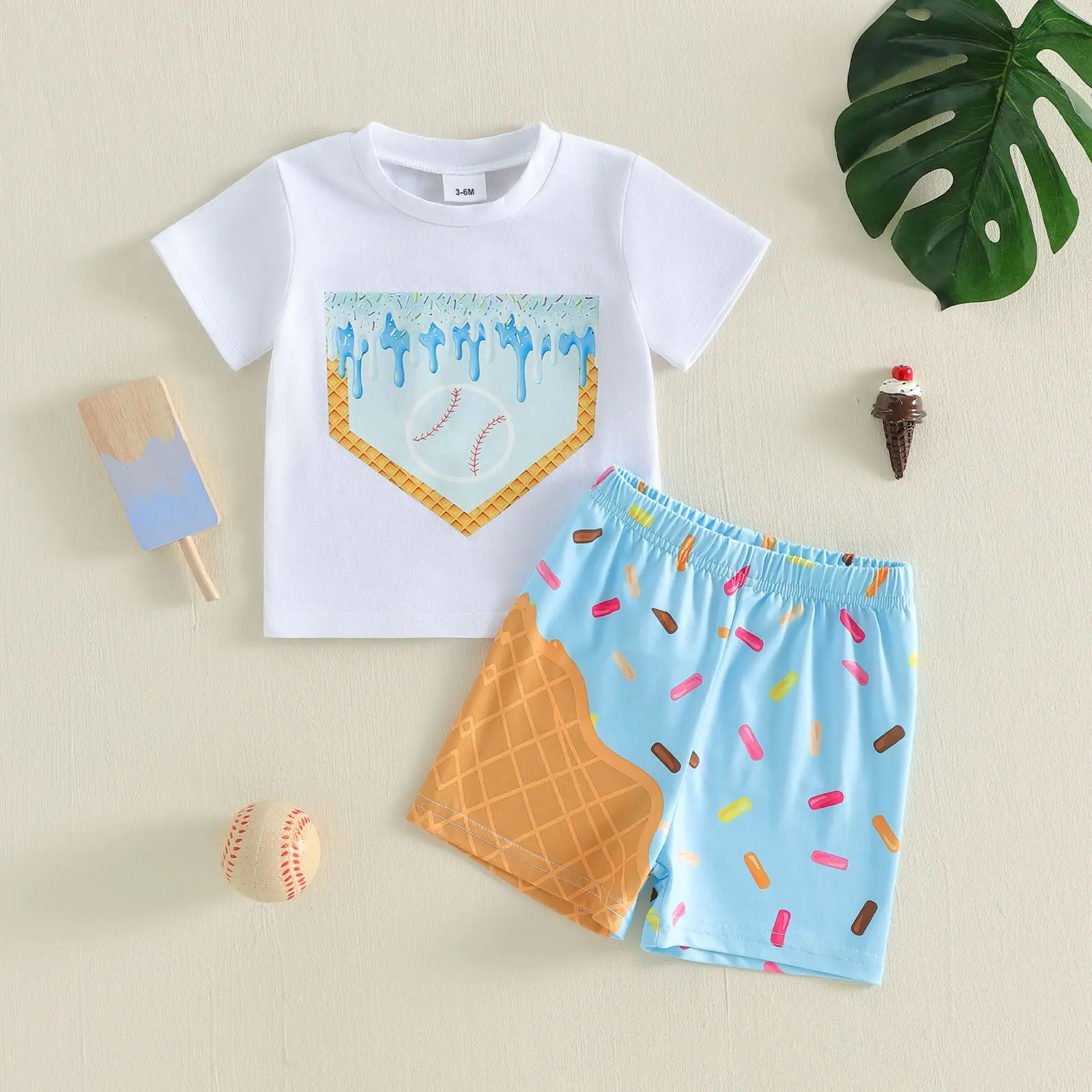 Toddler Baby Boys Clothes Ice Cream Baseball Print Short Sleeve T-Shirts Elastic Waist Shorts 2Pcs Set Summer Outfits