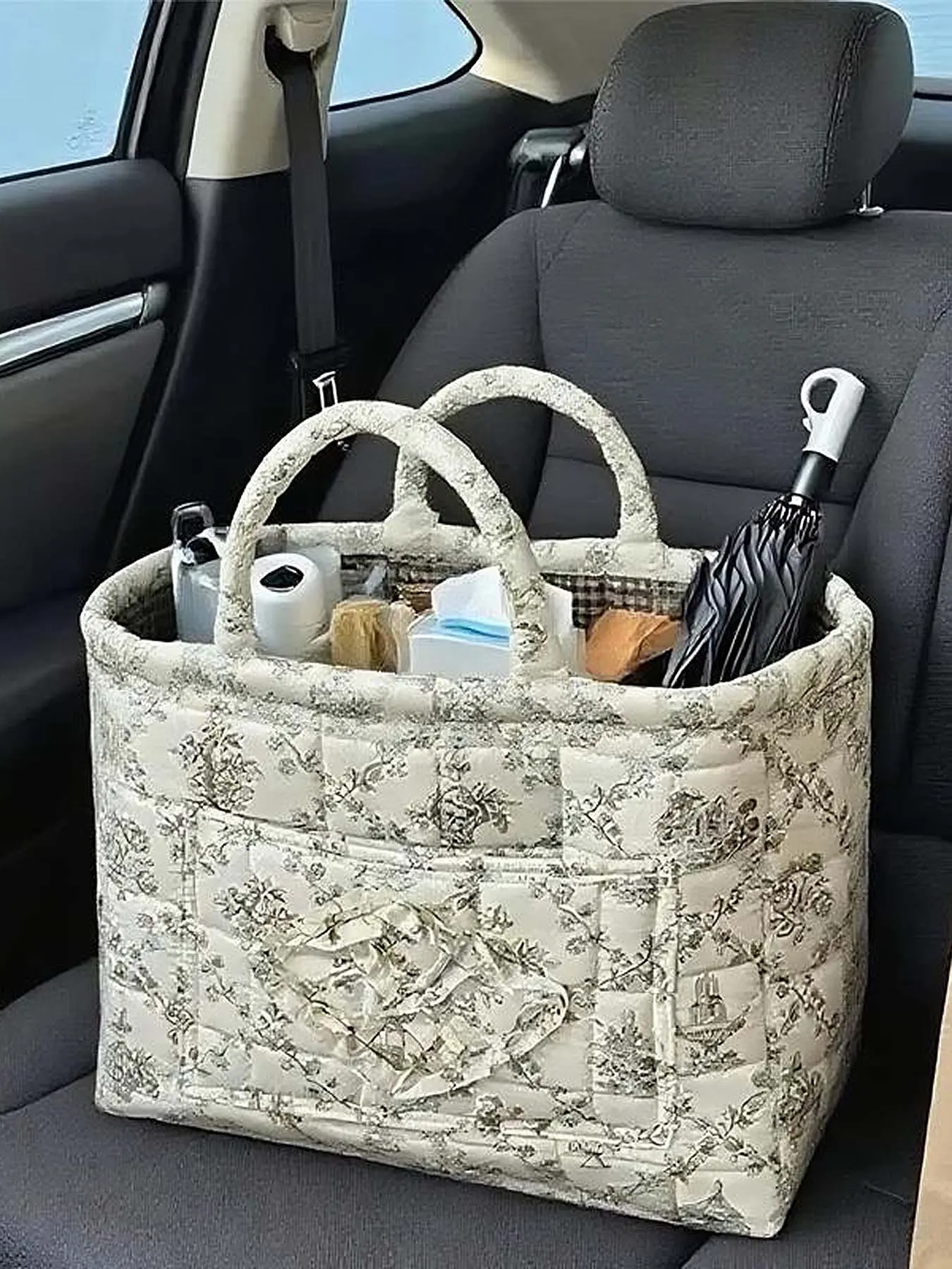 Fashion retro floral stitching, Floral Pattern Basket, portable storage basket, household fabric storage basket, niche design portable household sundries finishing blue, personalized fashion Joker, Carrying Caddy
