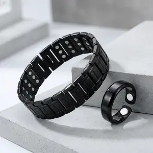 Men's black stainless steel magnetic therapy bracelet, adjustable chain clasp design, built-in magnets, geometric pattern, health care jewelry, gift for him.