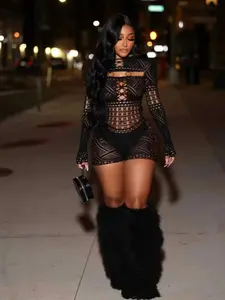 Women's Sexy Chic Hollow Out Bodysuit Underwear with Steel Ring Detail, Sheer Design & Plaid Pattern Decoration, Perfect for Nightlife & Parties