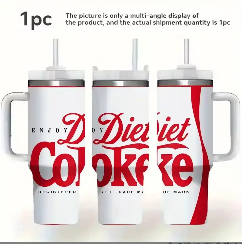 Diet Coke 40oz Insulated Tumbler With Handle And Straw, Sugar-free Diet Soft Drinkware, Feminine Travel Insulated Stainless Steel Mug, Fashionable Gift For People With Diabetes, People Who Want To Lose Weight, Trending Flasks On Tiktok