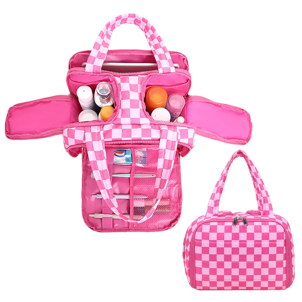CheckeredTravel Makeup Bag, Lightweight Wide-open Toiletries Bag for Women,Personalized Gift for Daughter Sister Friends Large Cosmetic Organizer Bag with Makeup Brushes Compartment for Travel-Sized Essentials for Trip Camping Wet/Dry Separation Gym tikto