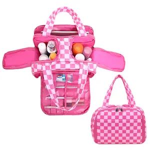 Hanging Toiletry Bag for Travel Large Size Checkered Makeup Bag Organizer Toiletries Bag Essentials Accessories Cosmetics Travel Makeup Bag Organizer for Women Girls with Makeup Brush Compartment & Two Side Pockets, Vertical Storage Toiletry Bag