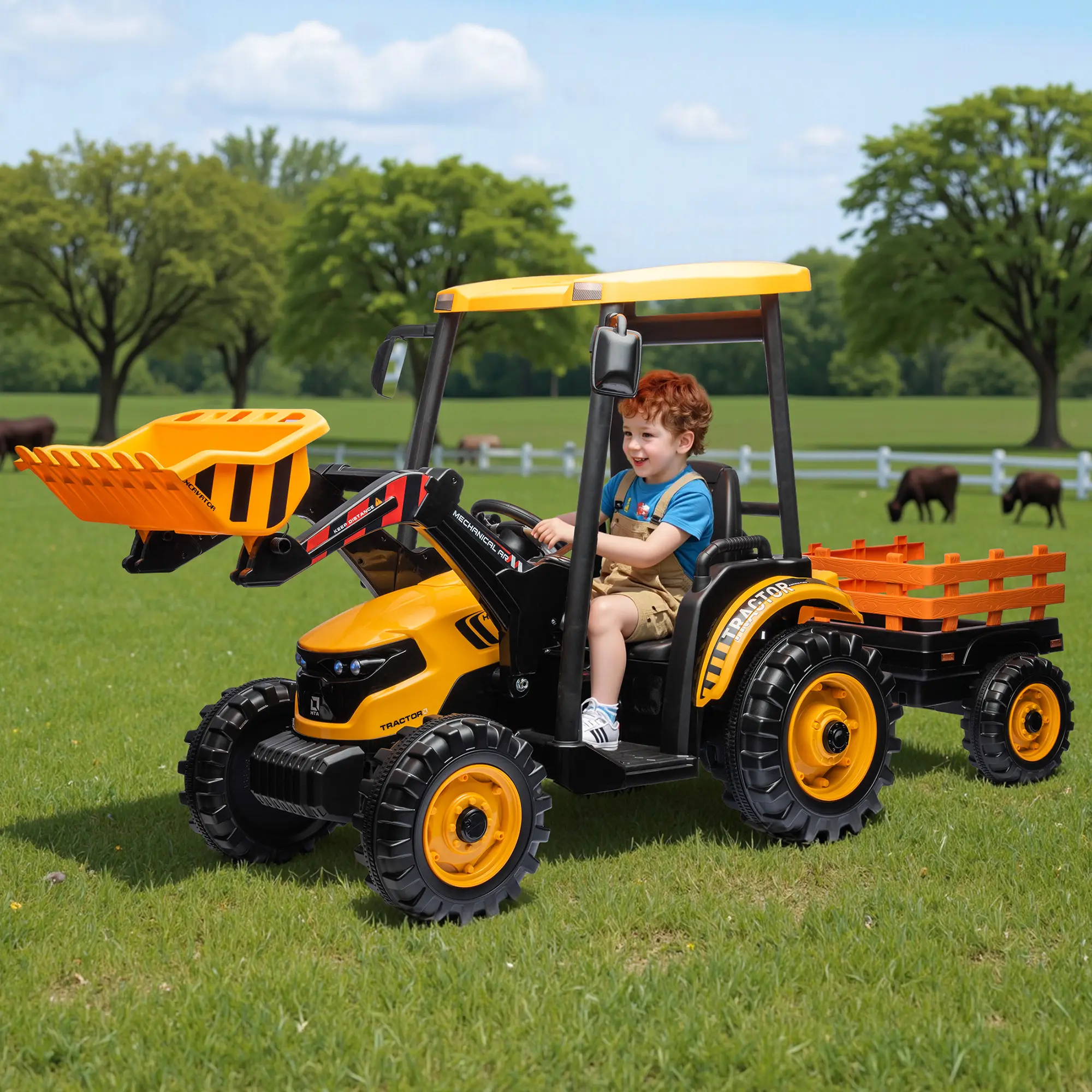 [Summerwins]Amerlife 24V Battery-Powered 3-in-1 Kids' Electric Ride-On Tractor (Ride On Machine), 3-8 Years, with Trailer, Front Loader, Dual Motors, All-Terrain Tires, LED Lights, Adjustable High/Low Speeds, Outdoor Toy Gift for Kids, 24