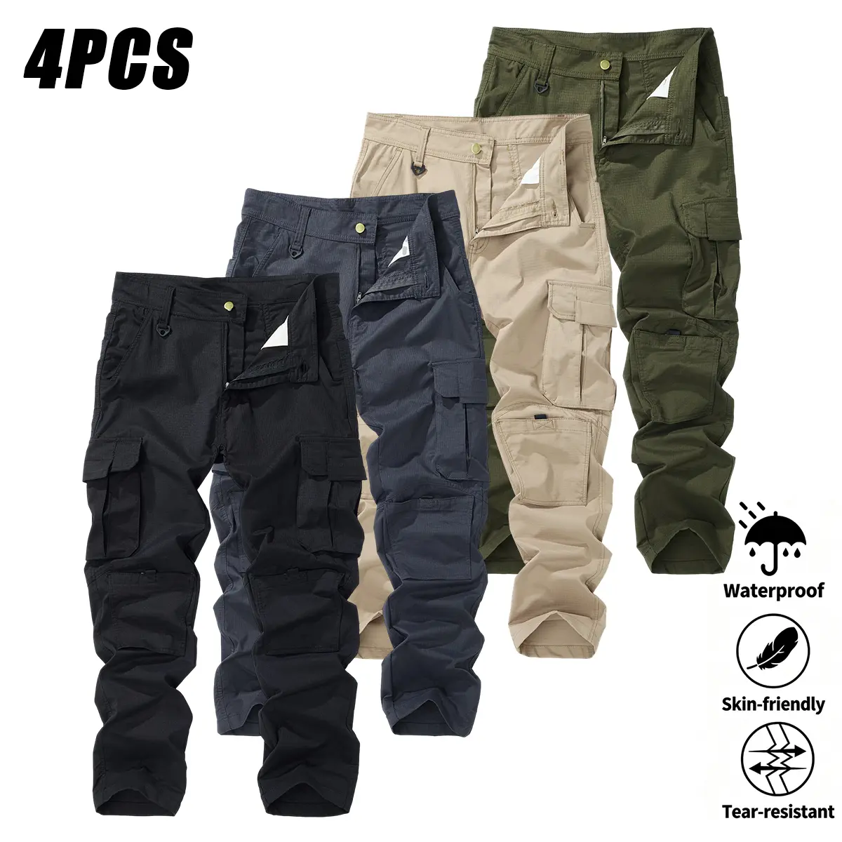 4Pcs Men's Solid Color Tactical Pants, Multi‑Pocket Wear‑Resistant Cargo Pants, Suitable for Hiking, Camping, and Construction Workers, 100% Polyester Fabric, Regular Fit, for Spring, Summer, and Fall