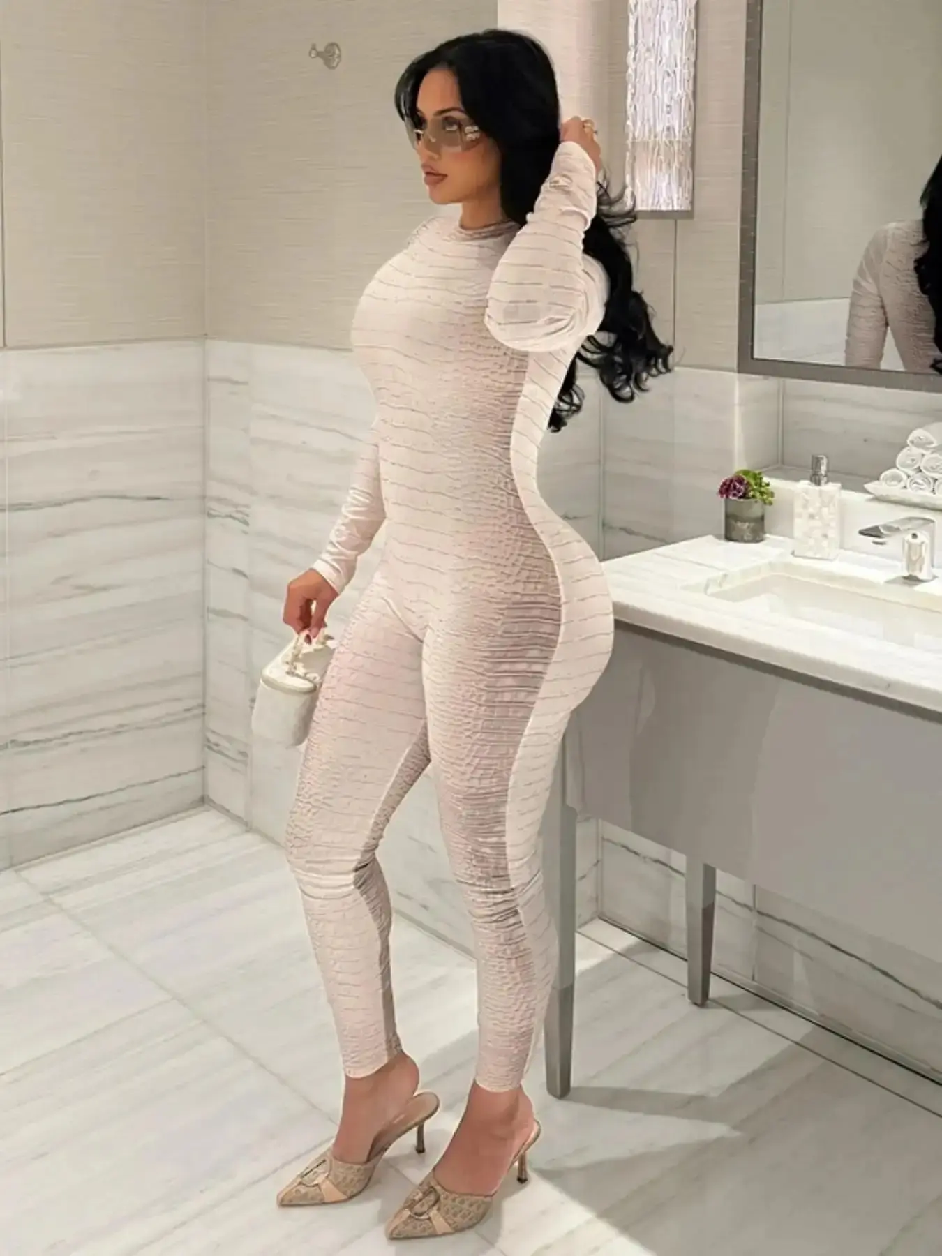 Women's Vibrant Snake Print Round Neck Long Sleeve Fitted Jumpsuit, Knitted Fashionable Womenswear, Comfortable Chic Casual Wear, Spring & Fall, Daily or Outdoors, Lady, textured elegance, cozy refinement