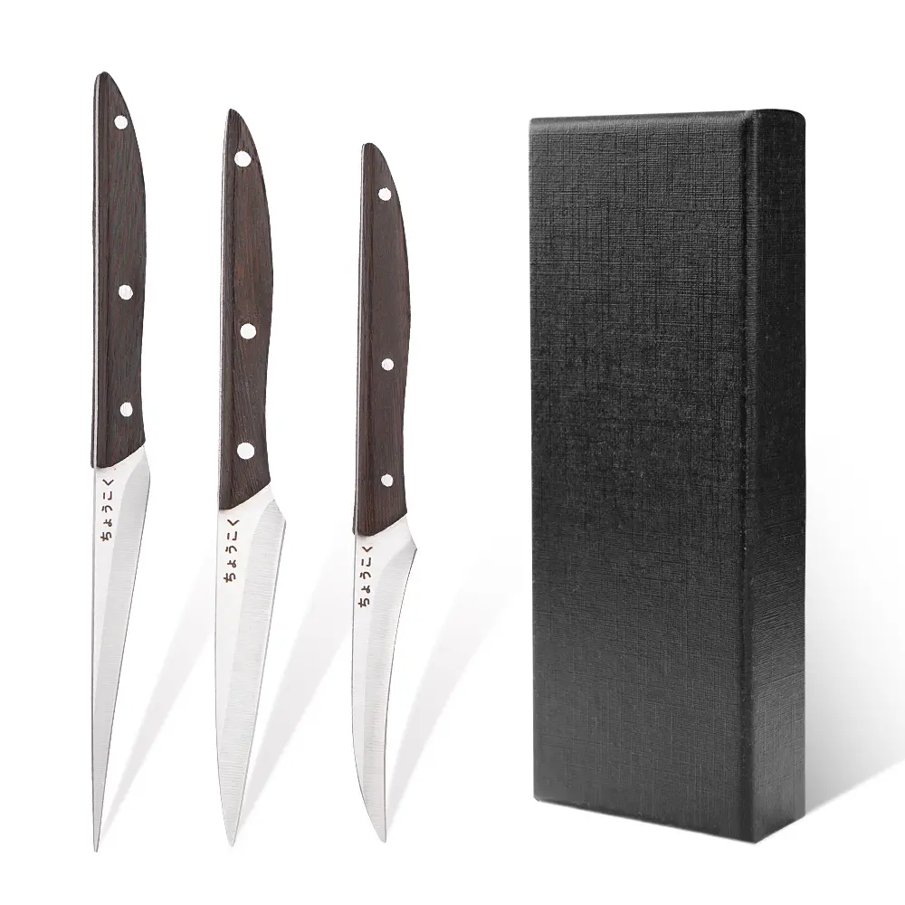 Japanese Style 3-Piece Wooden Handle Durable Stainless Steel Carving Knife Set - Paring, Garnishing Knives for Sushi Enthusiasts, Meal Prep, Filleting with Elegant Craftsmanship, Three Pieces