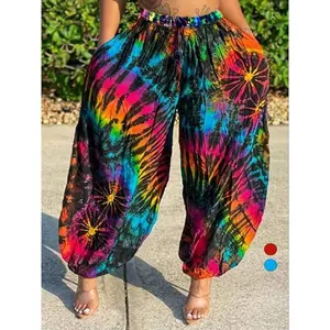 Plus-size tropical print jogger pants with a drawstring waist; bohemian casual elastic wide-leg pants; bohemian vacation pants; everyday bohemian pants; women’s underwear for all seasons