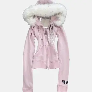 Vintage American Pink Faux Fur Hooded Sweatshirt Cinch Waist Y2K Cropped Sweater Alternative Outerwear Long Sleeve Casual Minimalist Winter Pullover Tops Womenswear Basic - Check