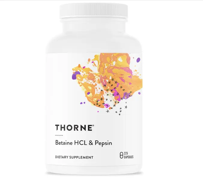 THORNE - Betaine HCL & Pepsin - Digestive Enzyme & Hydrochloric Acid Supplement for Protein Digestion & Occasional Gas or Bloating Relief* - Third-Party Certified - Gluten & Dairy-Free - 225 Capsules