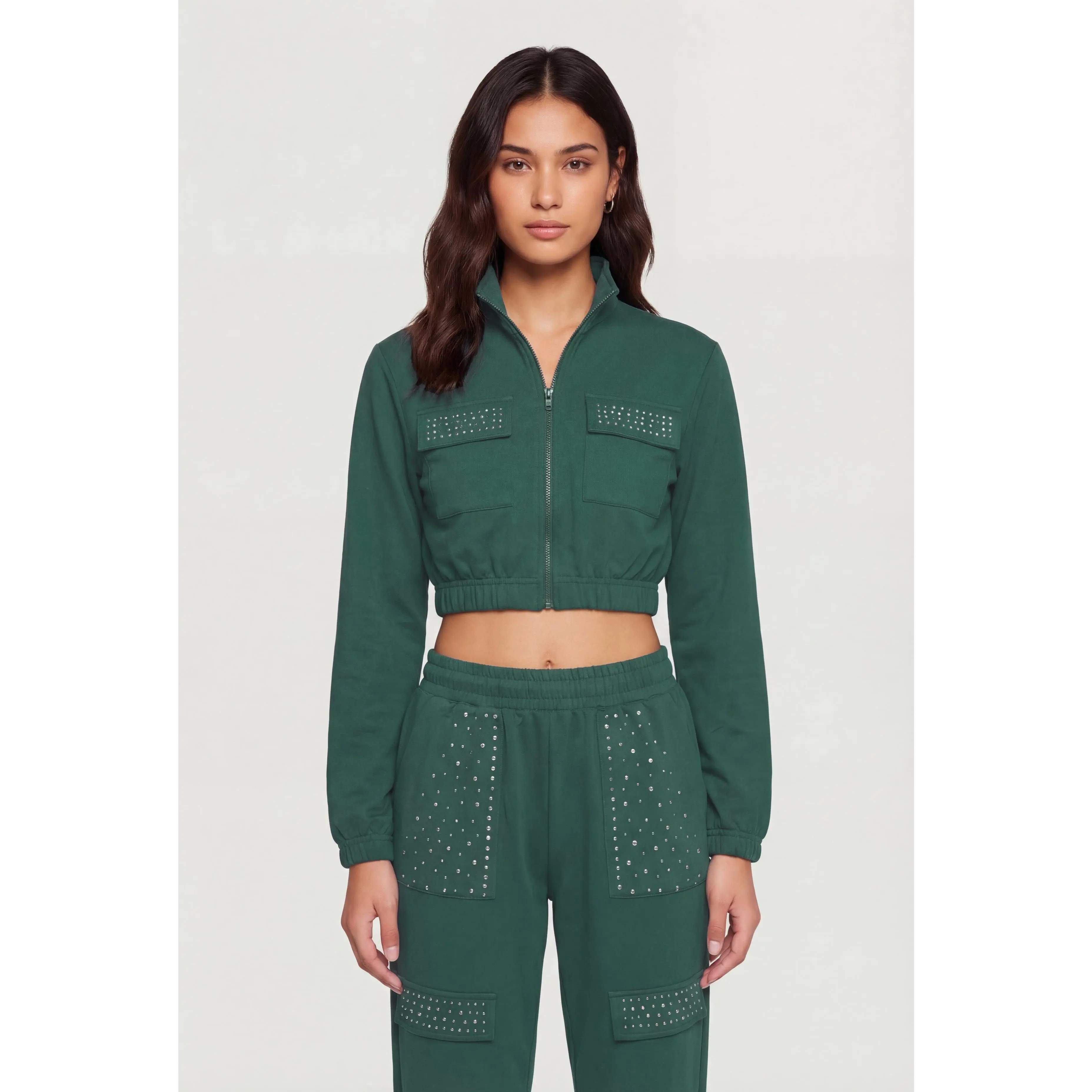 Rhinestone Detail Zip Front Mock Neck Cropped Track Jacket