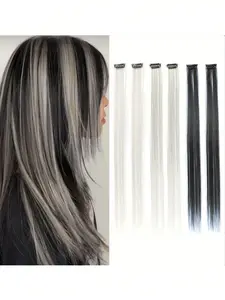 6 PCS Black White Grey  Colored Clip in Hair Extensions 20 Inch Long Straight Hairpieces Clip in Synthetic,  New Year, Carnival, Music Festival Halloween Cosplay Dress Up Fashion Party Christmas New Year Gift for Women