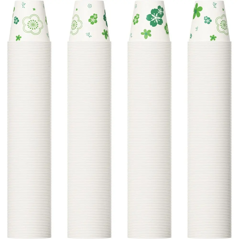 3 oz Food Grade Disposable Stackable Cups - Green Floral Design, Leakproof Rim, Ideal for Bathroom Mouthwash, Birthday Party Use