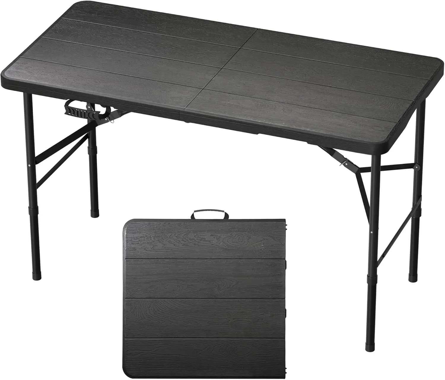 4Ft Heavy Duty Portable Folding Outdoor Table - Adjustable Height, 400 lbs Capacity, Large Tabletop, Anti-Slip, Weather-Resistant for Garden, Camping - Black, Portable Folding Table