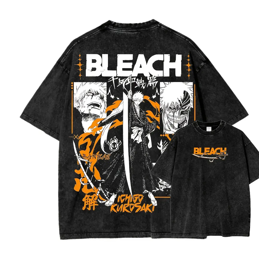 Bleach Anime Ichigo Kurosaki Oversized Graphic Tee Vintage Acid Wash T Shirt Y2K Streetwear Gym Pump Cover Mens Retro Manga Merch Tiktok Finds Trendy Dark Aesthetic Workout Fit Casual Top Japanese Clothing Shonen Bankai Activewear Gift For Him