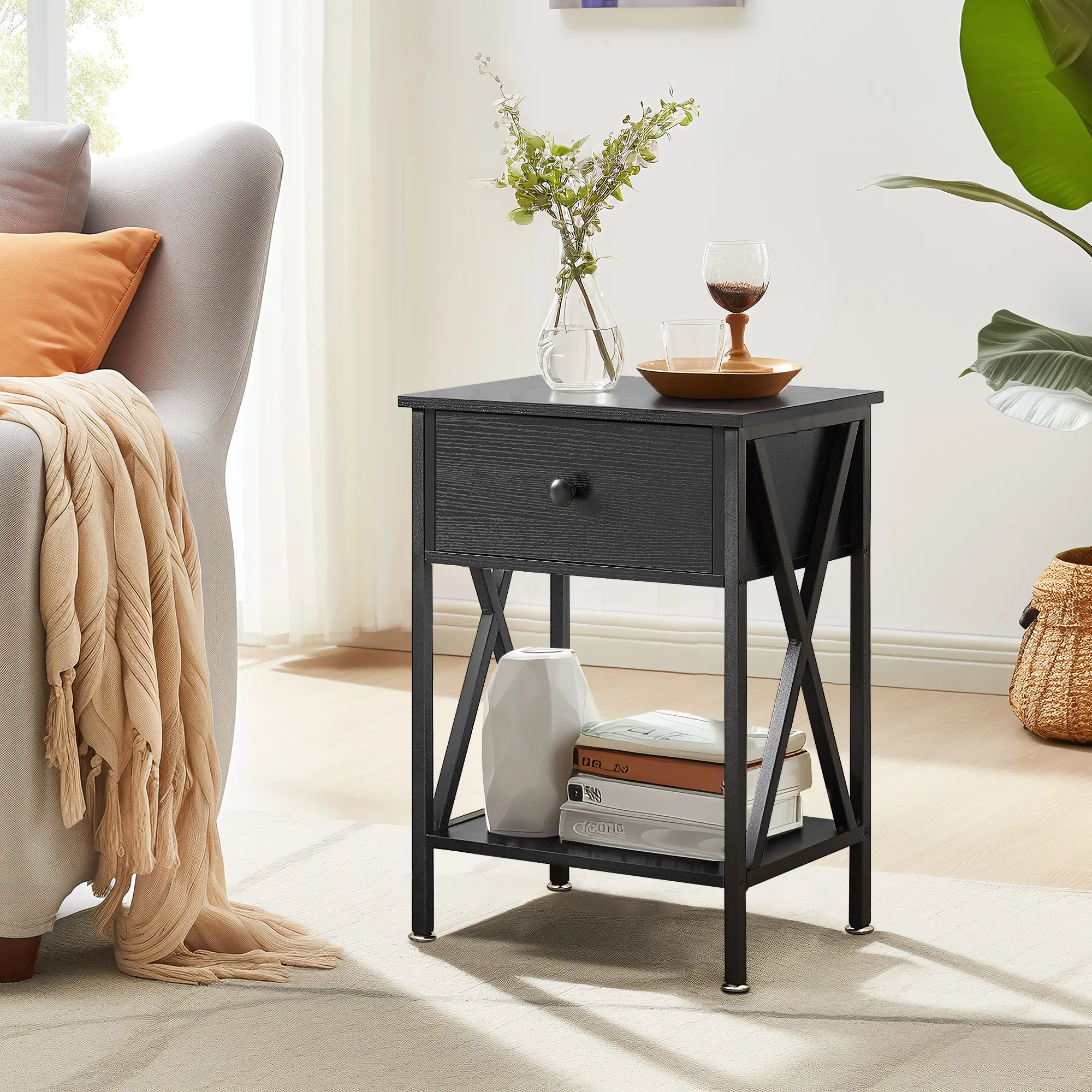 Vecelo Bedside Table With Wooden Drawers And X-Design Steel Frame Side Table Furniture For Bedroom, Living Room, Pink, Blue, Brown Bedside Table