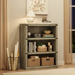 43.3" Wide Farmhouse Low Bookcase, 3-Shelf Wooden Open Display Shelves, Short Bookshelf Storage Cabinet for Living Room & Home Office