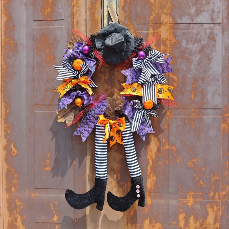 Huge Halloween Wreath Door Decoration, Witch Legs Design, Outdoor Ghostly Decorations, Large Festival Ornament for Home & Garden