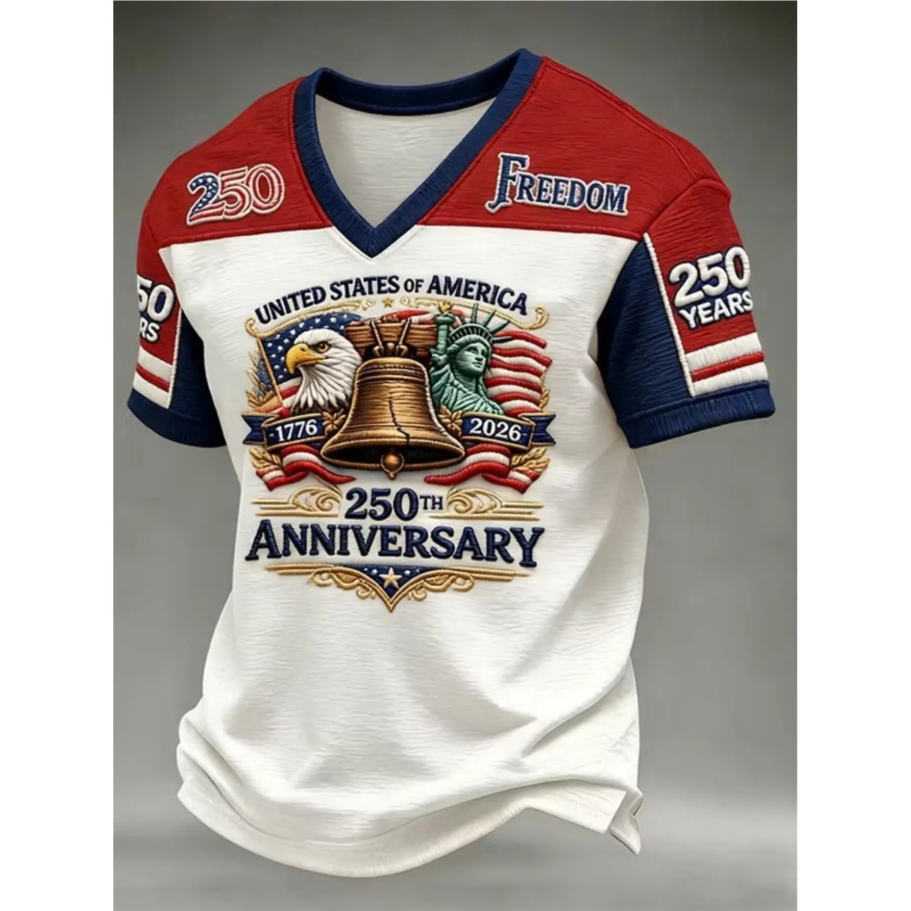 [XXS-7XL] Mesh Fabric Men's 250th Anniversary of the United States T-shirt - Vintage full-body V-neck short-sleeve, soft and breathable casual shirt, suitable for daily wear, parties and outdoor activities, machine washable themed apparel