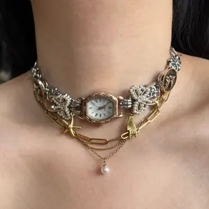 Handmade Elegant Button Watch Necklace for Women featuring a unique pearl pendant and charming starfish charm, blending timeless vintage elegance with trendy Y2K cyberpunk aesthetics—perfect for bold girls who love statement jewelry