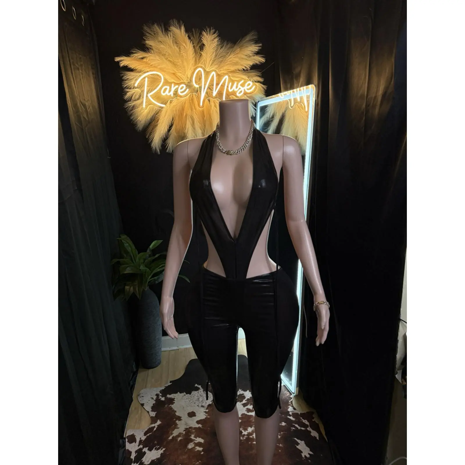 Rare Muse Black Halter Neck Cut Out Jumpsuit with High Waist and Capri Length