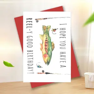 1 "Reel-y Good Birthday" Fishing Theme Greeting Card with Red Envelope - Perfect for Dad, Grandpa, Husband, and Any Angling Lover - Vibrant Fish Design Ideal for Party Decorations & Gifts